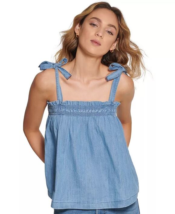 Tommy Hilfiger Tops - Tommy Hilfiger Womens Chambray Tank Top XL Blue Shoulder Tie Ruffle Smocking NWT